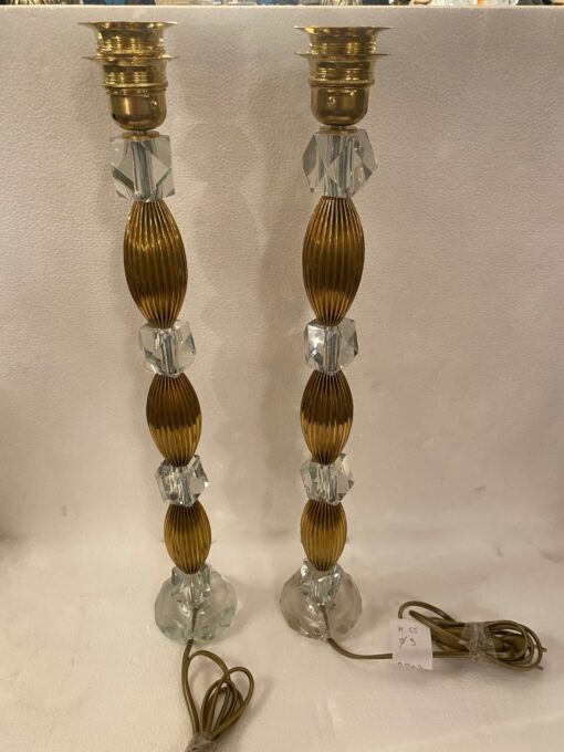 1940′ Pair of Reassembled Glass Lamps With Old Elements, H 55 cm 3 Oval Faceted Round Base