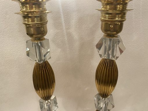 1940′ Pair of Reassembled Glass Lamps With Old Elements, H 55 cm 3 Oval Faceted Round Base - Image 5