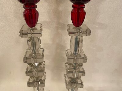 1940′ Pair of Reassembled Glass Lamps With Old Elements, H 46 cm Red Cups