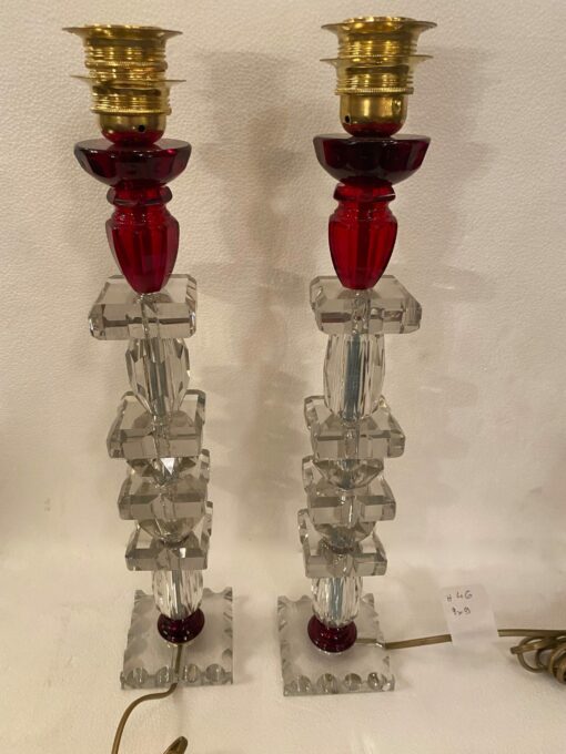 1940′ Pair of Reassembled Glass Lamps With Old Elements, H 46 cm Red Cups