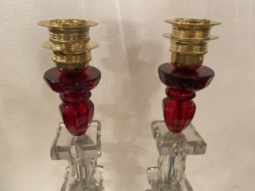 1940′ Pair of Reassembled Glass Lamps With Old Elements, H 46 cm Red Cups - Image 4