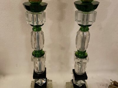 1940′ Pair of Reassembled Glass Lamps With Old Elements, H 40 cm Shoulders Green Color