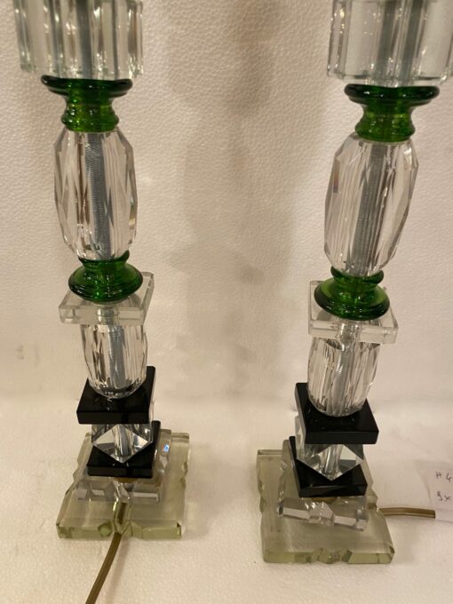 1940′ Pair of Reassembled Glass Lamps With Old Elements, H 40 cm Shoulders Green Color - Image 4
