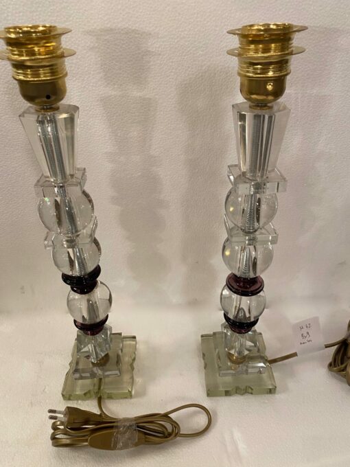 1940′ Paire de Lampes en Verre Remontage Avec Elements Anciens , H 42 cm Avec Boules DLG Adnet – Image 4