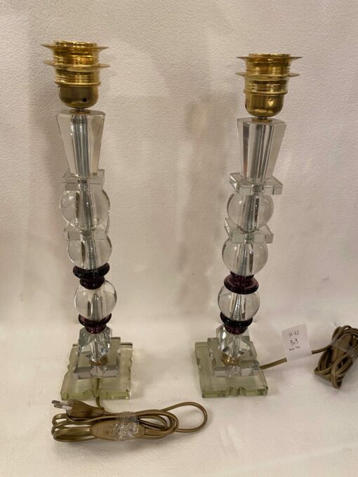 1940′ Paire de Lampes en Verre Remontage Avec Elements Anciens , H 42 cm Avec Boules DLG Adnet