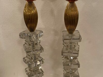 1940′ Pair of Reassembled Glass Lamps With Old Elements, H 49 cm Amber Cups