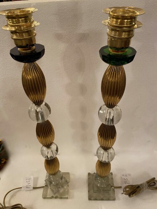 1940′ Pair of Lamps Or Similar Glass Reassembly With Old Elements, H 66 cm 3 Ovals Base 9 X 9 Blue And Green Cup - Image 2