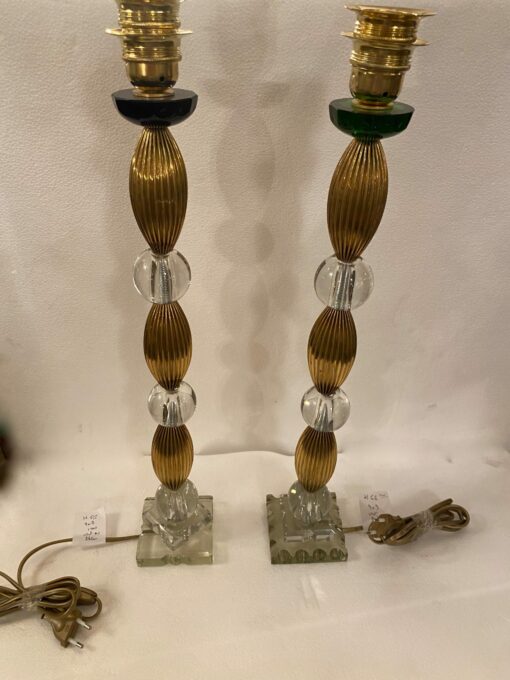 1940′ Pair of Lamps Or Similar Glass Reassembly With Old Elements, H 66 cm 3 Ovals Base 9 X 9 Blue And Green Cup - Image 7