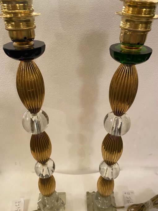 1940′ Pair of Lamps Or Similar Glass Reassembly With Old Elements, H 66 cm 3 Ovals Base 9 X 9 Blue And Green Cup - Image 4