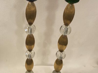 1940′ Pair of Lamps Or Similar Glass Reassembly With Old Elements, H 66 cm 3 Ovals Base 9 X 9 Blue And Green Cup