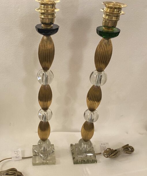 1940′ Pair of Lamps Or Similar Glass Reassembly With Old Elements, H 66 cm 3 Ovals Base 9 X 9 Blue And Green Cup