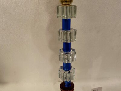 1940′ Glass Lamp Reassembly With Old Elements, H 40 cm 3 Blue Cylinders Faceted Round Base
