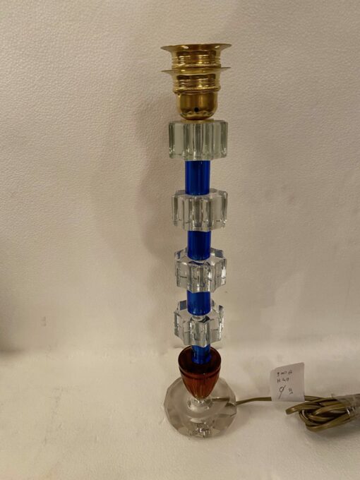 1940′ Glass Lamp Reassembly With Old Elements, H 40 cm 3 Blue Cylinders Faceted Round Base