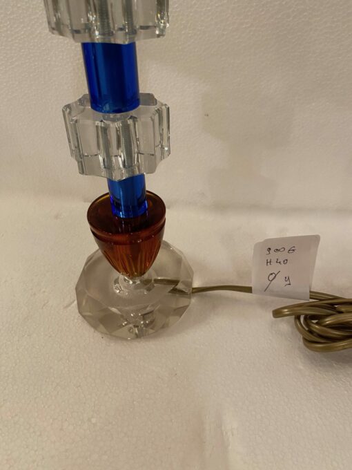 1940′ Glass Lamp Reassembly With Old Elements, H 40 cm 3 Blue Cylinders Faceted Round Base - Image 4