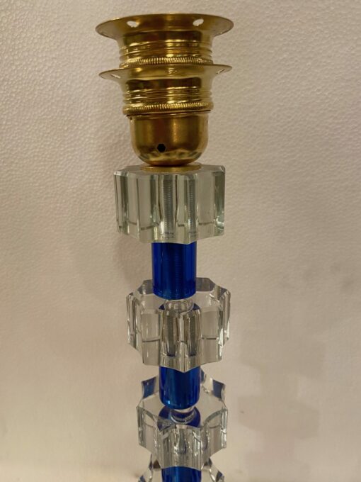 1940′ Glass Lamp Reassembly With Old Elements, H 40 cm 3 Blue Cylinders Faceted Round Base - Image 3