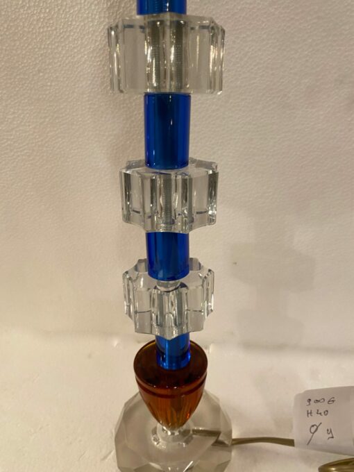 1940′ Glass Lamp Reassembly With Old Elements, H 40 cm 3 Blue Cylinders Faceted Round Base - Image 2
