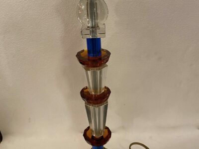 1940′ Glass Lamp Reassembly With Old Elements, H 40 cm Amber Balls Square Base And Green Cup