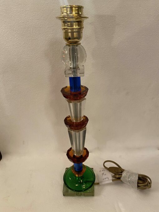 1940′ Glass Lamp Reassembly With Old Elements, H 40 cm Amber Balls Square Base And Green Cup