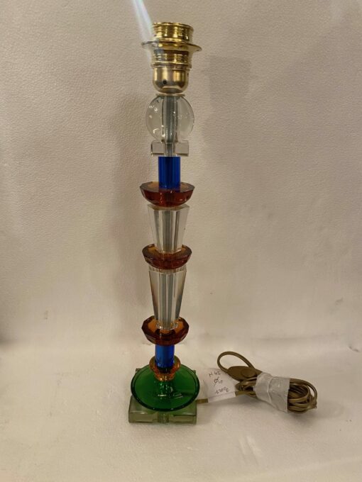 1940′ Glass Lamp Reassembly With Old Elements, H 40 cm Amber Balls Square Base And Green Cup - Image 4