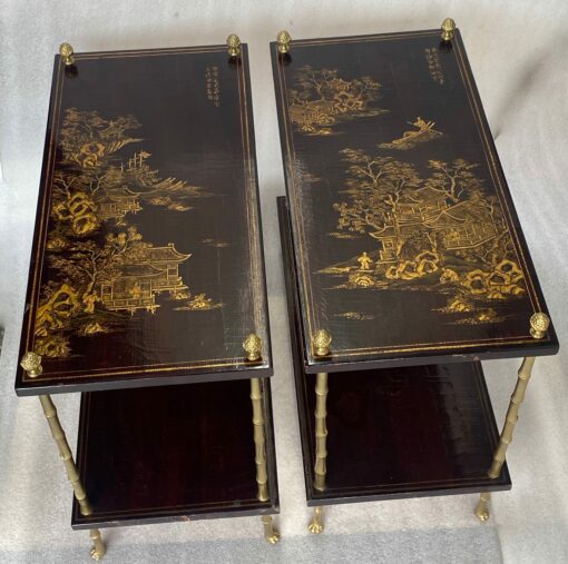 1950′ Paire de Tables Maison Baguès Décor Bambou en Bronze Doré Avec Plateaux Laque de Chine 65 X 32,5 X H 59 cm (réservé) – Image 12