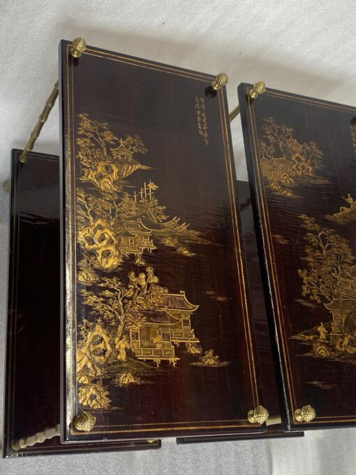 1950′ Paire de Tables Maison Baguès Décor Bambou en Bronze Doré Avec Plateaux Laque de Chine 65 X 32,5 X H 59 cm (réservé) – Image 11