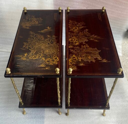 1950′ Paire de Tables Maison Baguès Décor Bambou en Bronze Doré Avec Plateaux Laque de Chine 65 X 32,5 X H 59 cm (réservé) – Image 4
