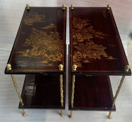 1950′ Paire de Tables Maison Baguès Décor Bambou en Bronze Doré Avec Plateaux Laque de Chine 65 X 32,5 X H 59 cm (réservé) – Image 3