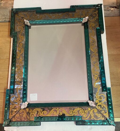 1970′ Aged Oxidized Venice Mirror With Eglomized Decor Frame In Green Mirror 75 x 60 cm
