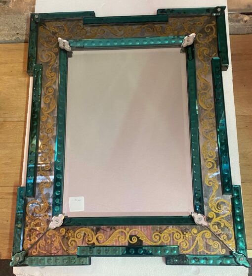 1970′ Aged Oxidized Venice Mirror With Eglomized Decor Frame In Green Mirror 75 x 60 cm - Image 2