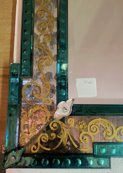 1970′ Aged Oxidized Venice Mirror With Eglomized Decor Frame In Green Mirror 75 x 60 cm - Image 3