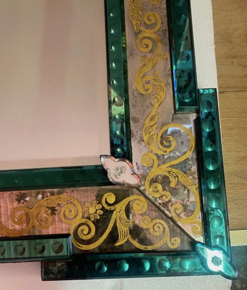 1970′ Aged Oxidized Venice Mirror With Eglomized Decor Frame In Green Mirror 75 x 60 cm - Image 4