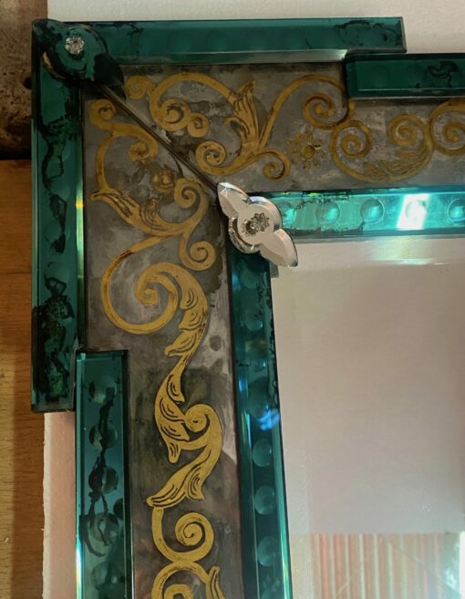 1970′ Aged Oxidized Venice Mirror With Eglomized Decor Frame In Green Mirror 75 x 60 cm - Image 5