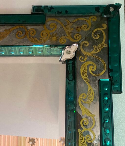 1970′ Aged Oxidized Venice Mirror With Eglomized Decor Frame In Green Mirror 75 x 60 cm - Image 6
