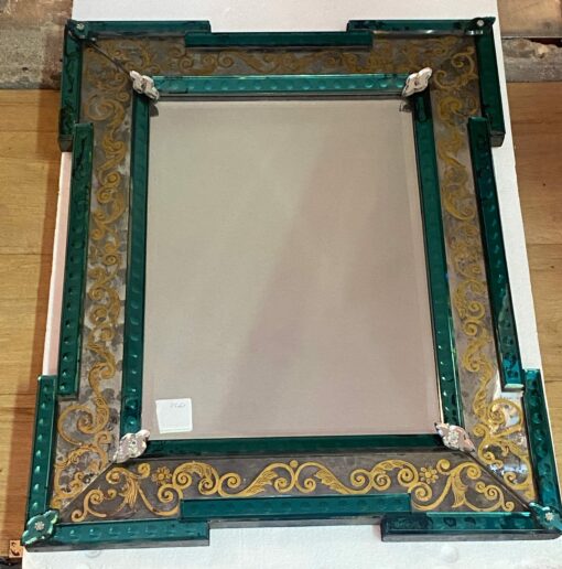1970′ Aged Oxidized Venice Mirror With Eglomized Decor Frame In Green Mirror 75 x 60 cm - Image 7