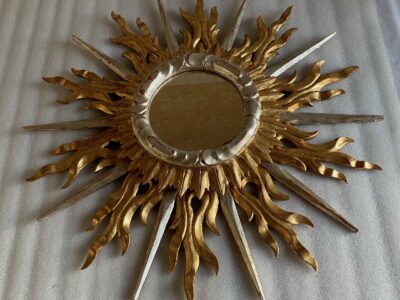 1950/70′ Flat Sun Mirror 2 Floors Golden And Silver Wood 78 Cm In Diameter