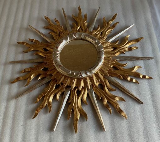 1950/70′ Miroir Soleil Plat 2 Étages Bois Doré Et Argenté 78 Cm De Diamètre