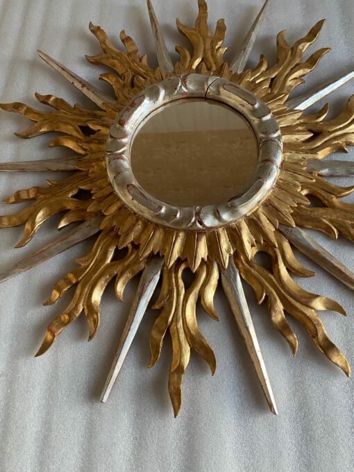 1950/70′ Miroir Soleil Plat 2 Étages Bois Doré Et Argenté 78 Cm De Diamètre – Image 11