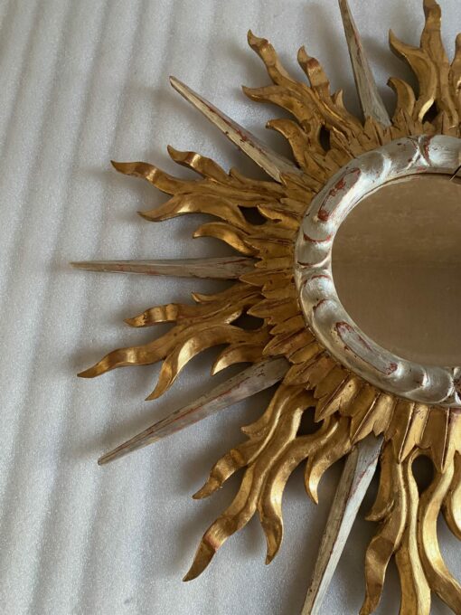 1950/70′ Miroir Soleil Plat 2 Étages Bois Doré Et Argenté 78 Cm De Diamètre – Image 10