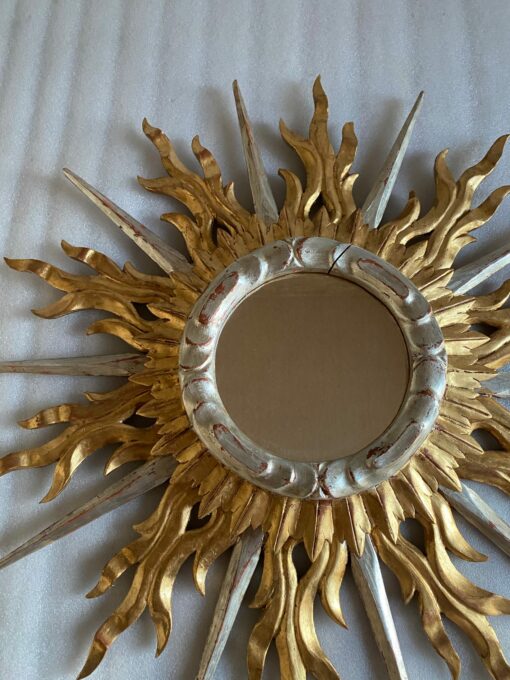 1950/70′ Miroir Soleil Plat 2 Étages Bois Doré Et Argenté 78 Cm De Diamètre – Image 9