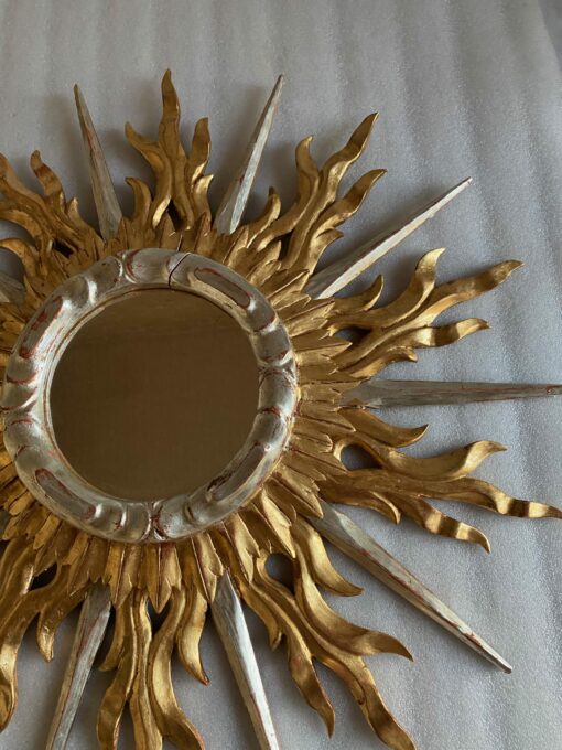 1950/70′ Miroir Soleil Plat 2 Étages Bois Doré Et Argenté 78 Cm De Diamètre – Image 8