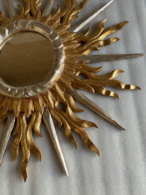 1950/70′ Miroir Soleil Plat 2 Étages Bois Doré Et Argenté 78 Cm De Diamètre – Image 7