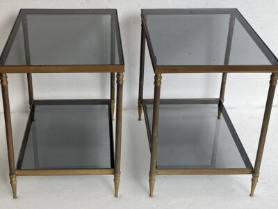 1950/70′ Pair Of End Tables In Brass At 2 Levels Maison Jansen Smoked Glass Trays 56 X 40 X H 54 cm