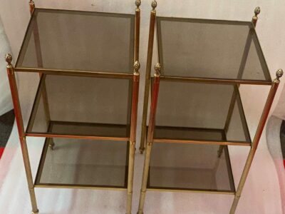 1950/70′ Pair Of End Tables In Brass At 3 Levels Maison Bagués Smoked Glass Trays 33 X 33 X H 66 cm