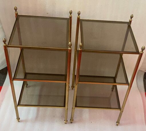 1950/70′ Pair Of End Tables In Brass At 3 Levels Maison Bagués Smoked Glass Trays 33 X 33 X H 66 cm