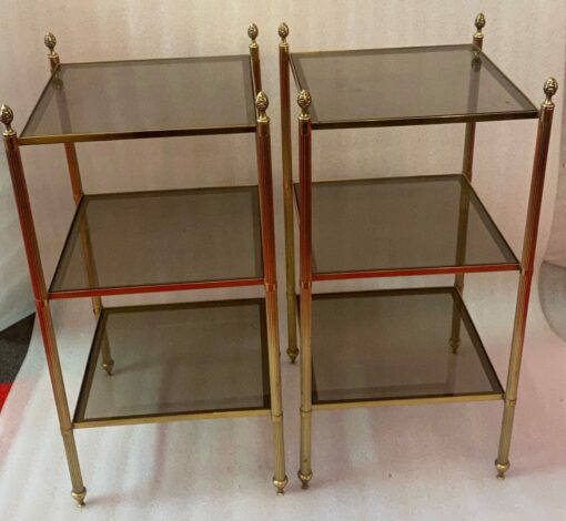 1950/70′ Pair Of End Tables In Brass At 3 Levels Maison Bagués Smoked Glass Trays 33 X 33 X H 66 cm - Image 8