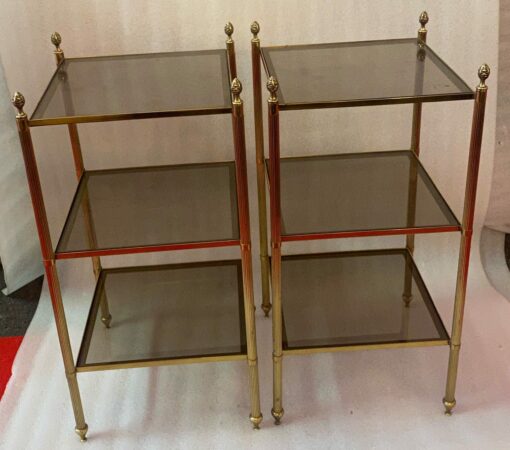 1950/70′ Pair Of End Tables In Brass At 3 Levels Maison Bagués Smoked Glass Trays 33 X 33 X H 66 cm - Image 7