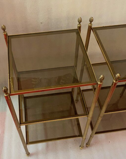 1950/70′ Pair Of End Tables In Brass At 3 Levels Maison Bagués Smoked Glass Trays 33 X 33 X H 66 cm - Image 6