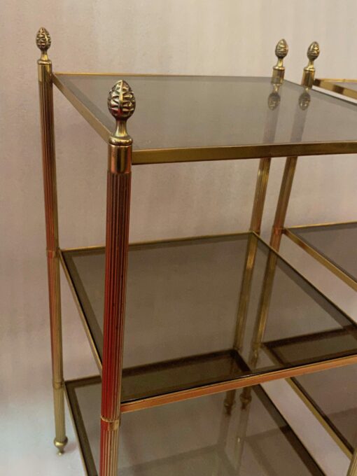 1950/70′ Pair Of End Tables In Brass At 3 Levels Maison Bagués Smoked Glass Trays 33 X 33 X H 66 cm - Image 5