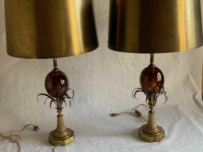 1950/70 Pair of Bronze Lamps and Egg Amber Way Signed Charles