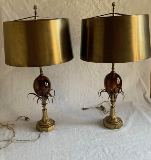 1950/70 Pair of Bronze Lamps and Egg Amber Way Signed Charles